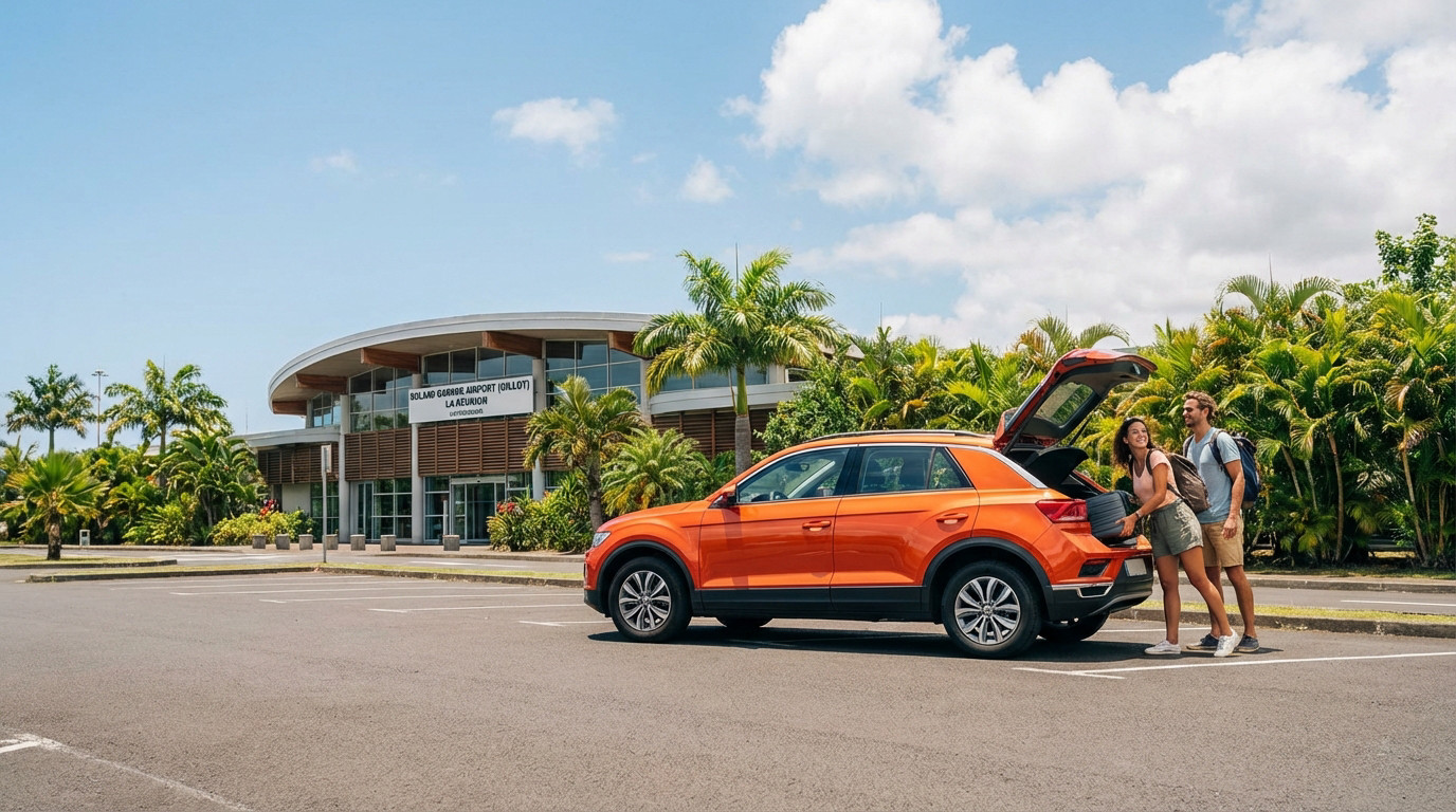 Couple chargeant ses bagages dans un SUV orange de location devant l'aéroport Roland Garros de La Réunion sous le soleil.