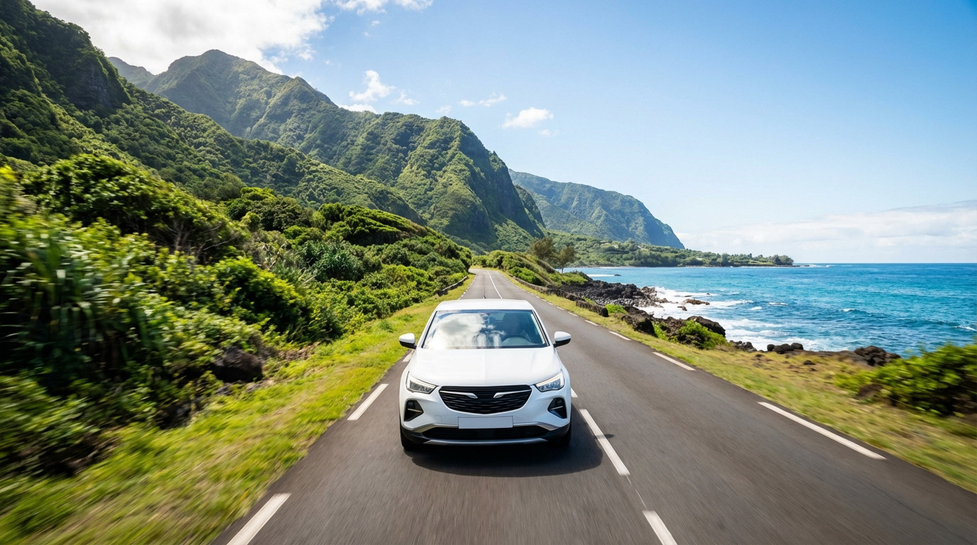 Une voiture blanche roule sur une route côtière ensoleillée à La Réunion, avec des montagnes verdoyantes à gauche et l'océan turquoise à droite.