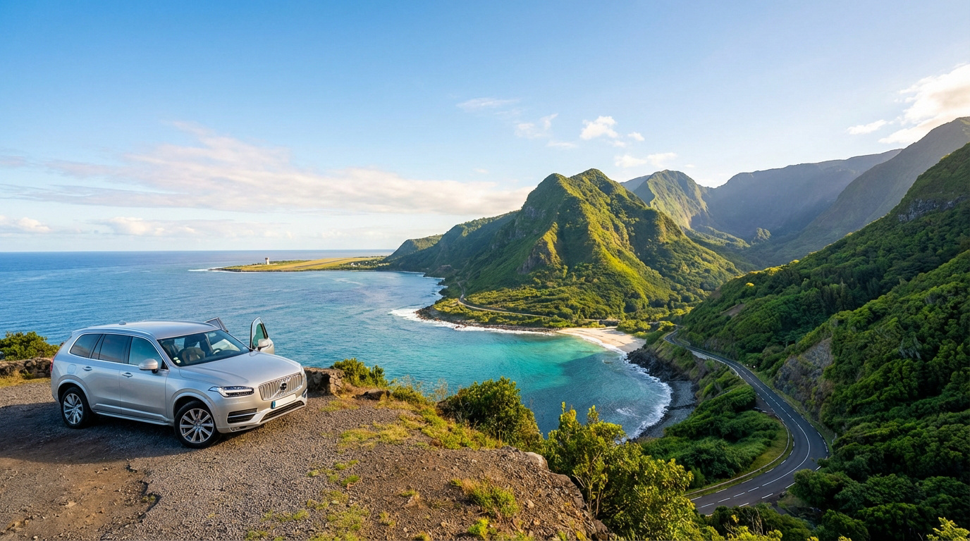 SUV Volvo argenté sur un promontoire surplombant une côte verdoyante de La Réunion, avec mer turquoise, route sinueuse et aéroport lointain.