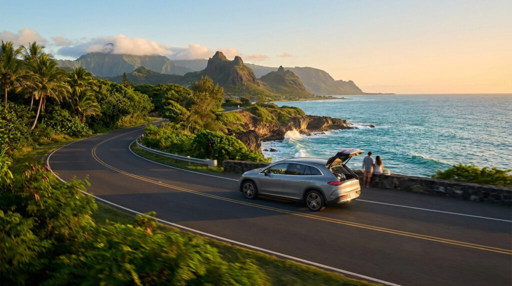 SUV gris garé sur une route côtière sinueuse, couple admirant la mer et les montagnes tropicales au coucher du soleil.
