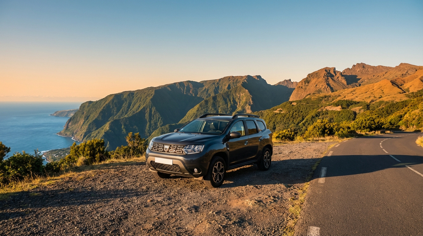 Location SUV gris garé sur une route de montagne à La Réunion, surplombant l'océan et des falaises verdoyantes au lever du soleil.