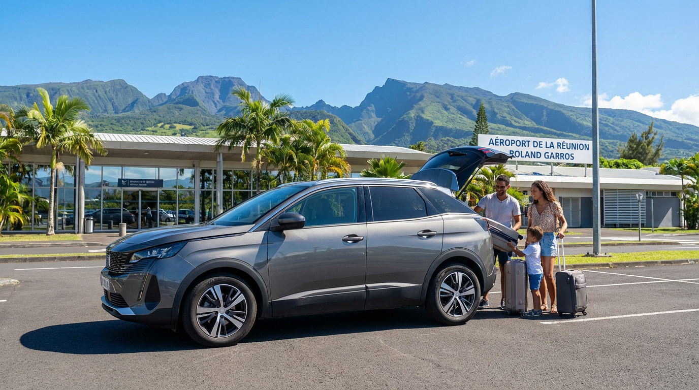 Famille chargeant des bagages dans un SUV gris devant l'aéroport Roland Garros de La Réunion, avec montagnes et palmiers.