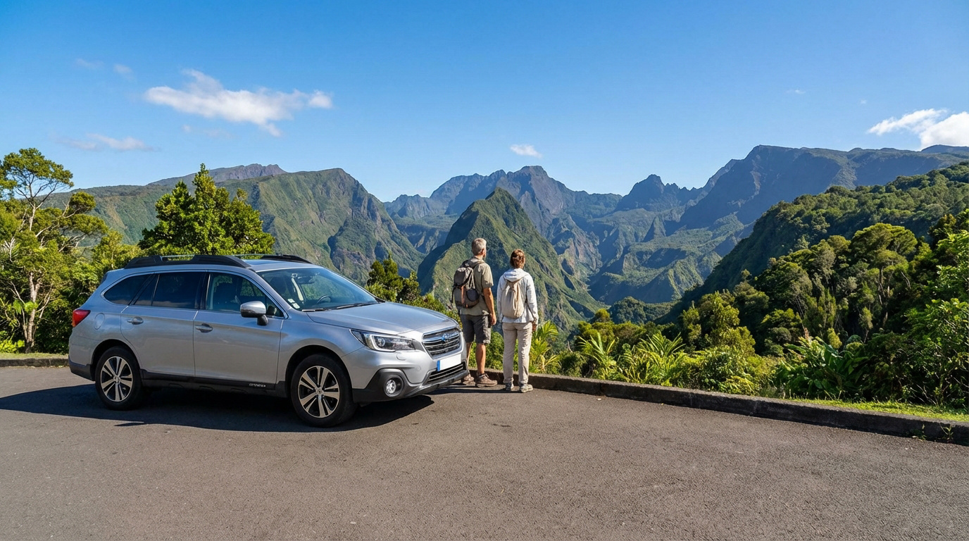 SUV argenté avec deux randonneurs admirant un panorama de montagnes verdoyantes sous un ciel bleu à la Réunion.