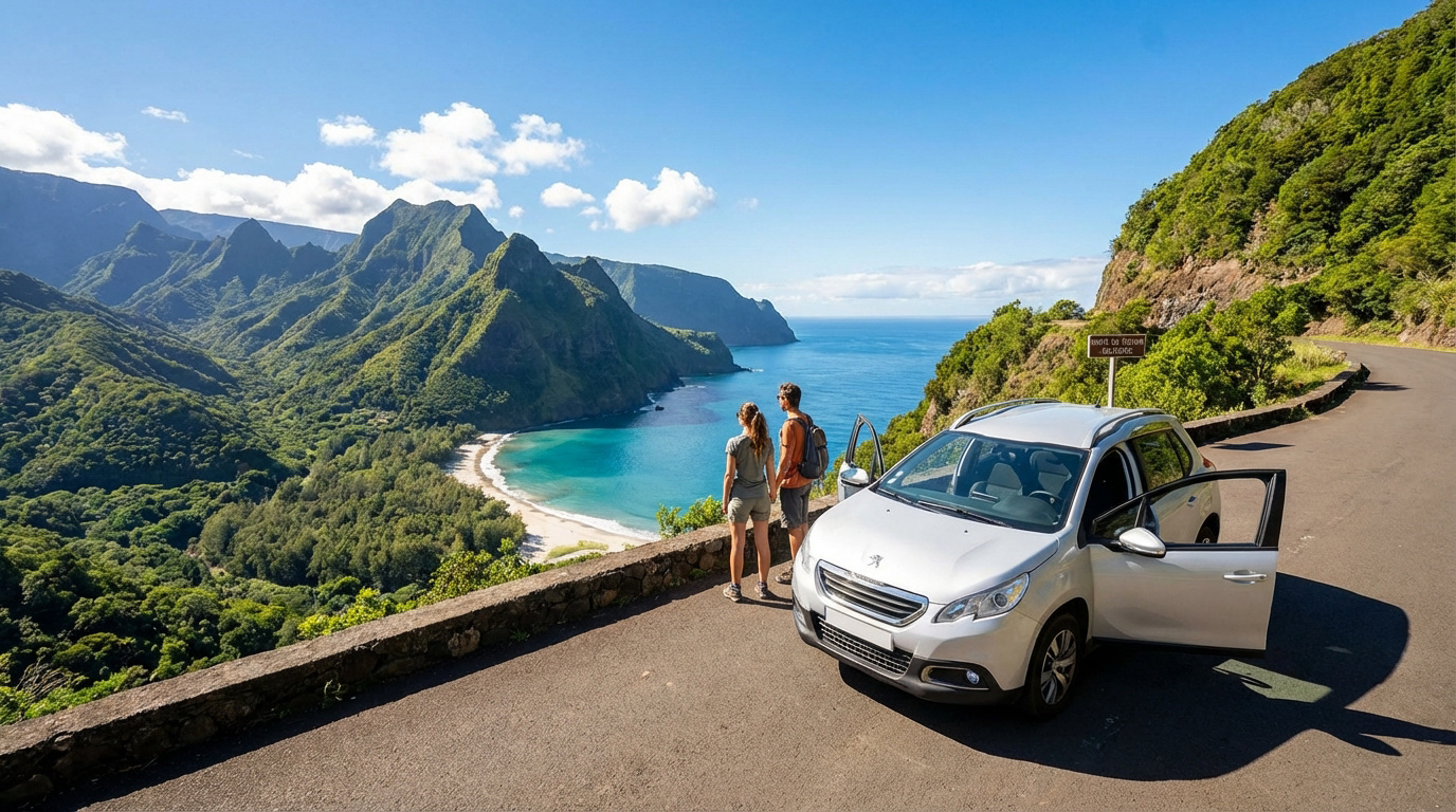 Un couple devant une voiture sur une route de montagne en Réunion, admirant une baie aux eaux turquoise et des montagnes verdoyantes.