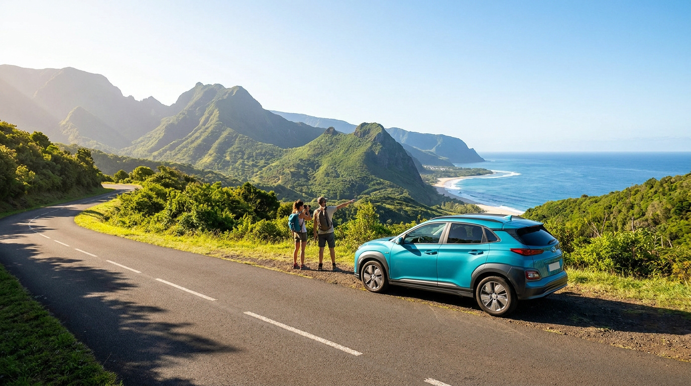 Un couple s'arrête en voiture sur une route côtière panoramique à La Réunion pour admirer le paysage dans Location Voiture Réunion Aéroport