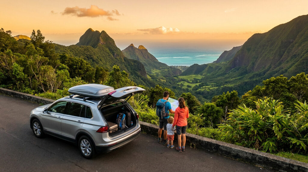 Famille en road trip à La Réunion avec une voiture de location Car'Ent
