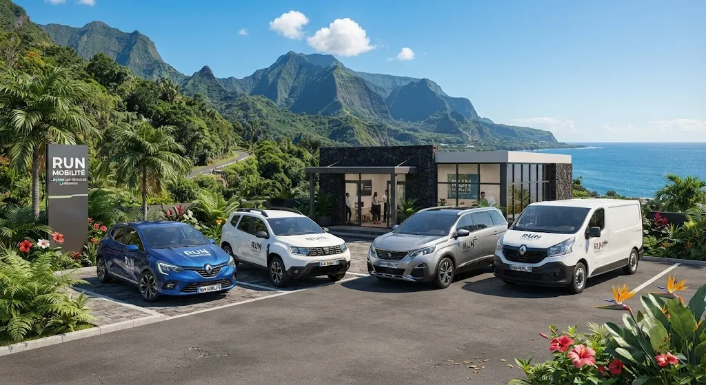 Différents véhicules de location alignés devant un paysage tropical