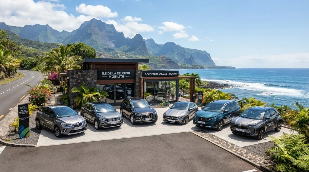 Location voiture aeroport la Réunion avec plusieurs véhicules devant un paysage tropical de l'île