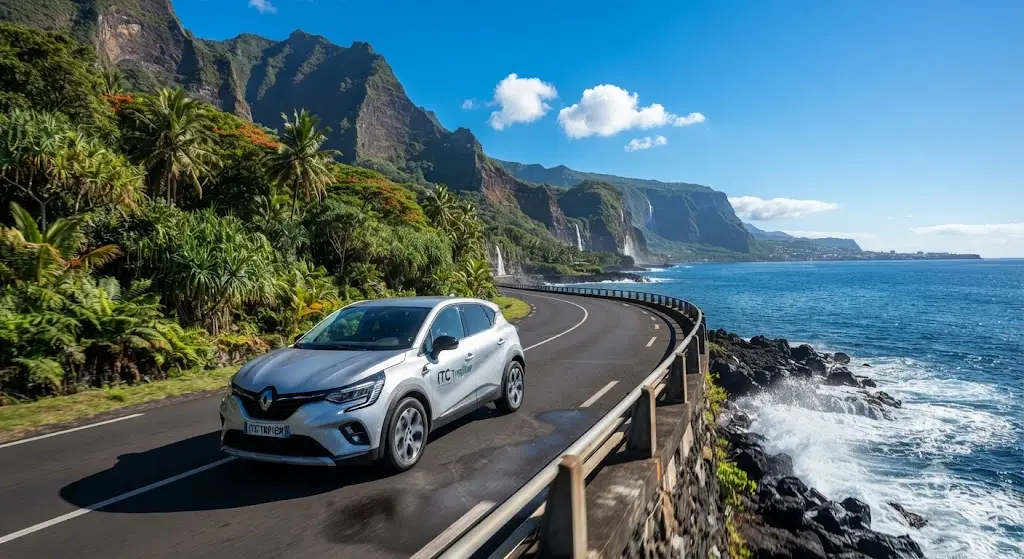 Voiture de location sur une route panoramique de La Réunion