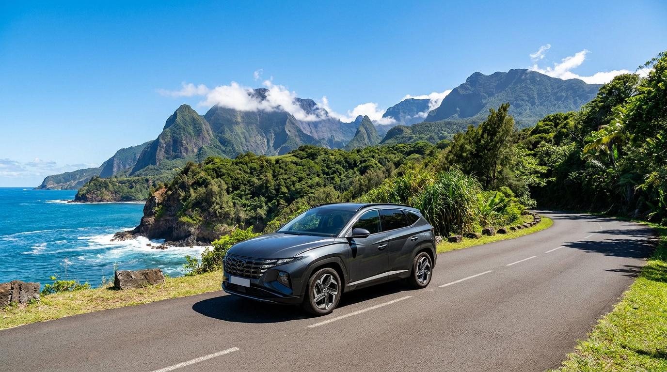 Un SUV gris circulant sur une route côtière à La Réunion avec en arrière-plan l'océan et des montagnes verdoyantes.