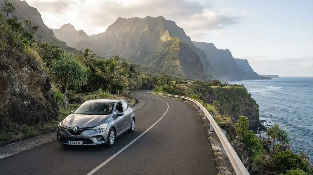 Voiture de location avec kilométrage illimité à La Réunion sur une route panoramique