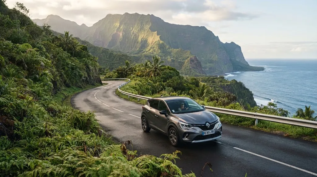Voiture de location sur une route panoramique de La Réunion